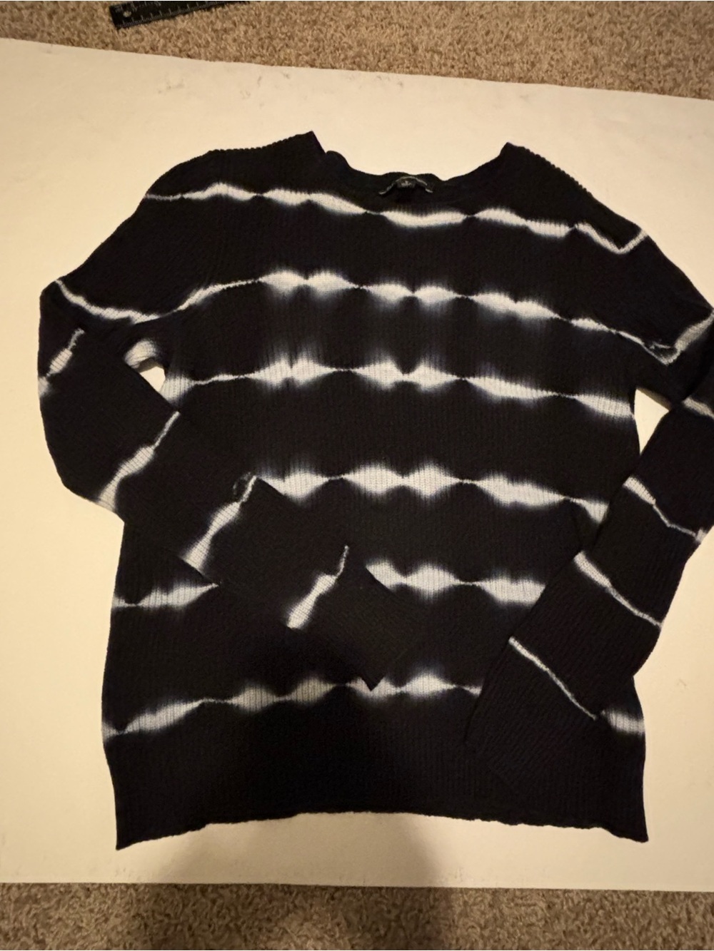 INC Black/navy and White Striped Tie-Dye Crewneck Sweater